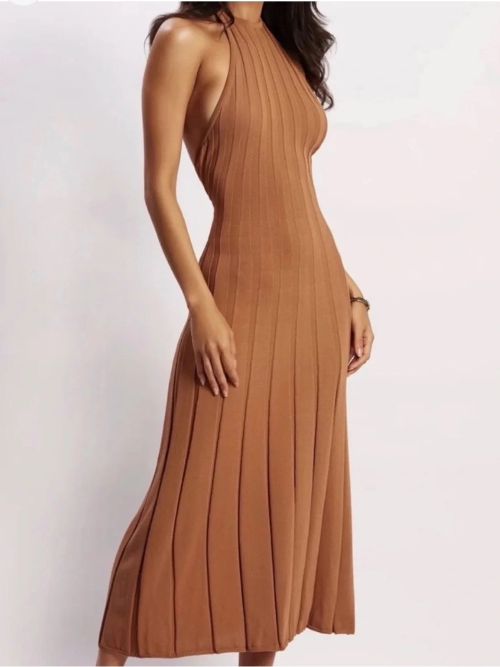 Meshki Ribbed Stretch Halter neck Maxi Dress in Camel Tan Womens Size Large